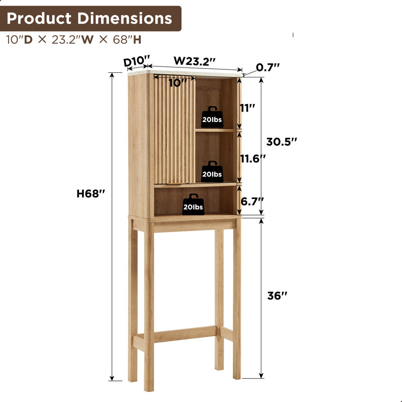 Riccio Freestanding Over The Toilet Storage Cabinet with Sliding Fluted Door Adjustable Shelf, Oak