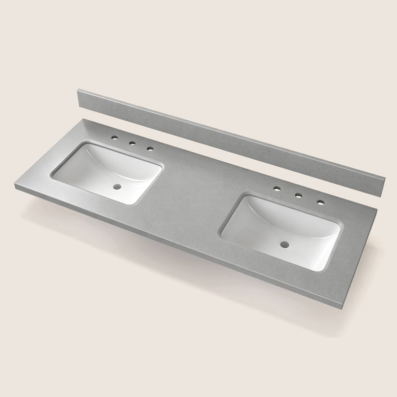Vasque double vasque en pierre mouchetée grise de 137 cm (L) × 56 cm (P) avec robinet à 3 trous à entraxe de 20 cm.