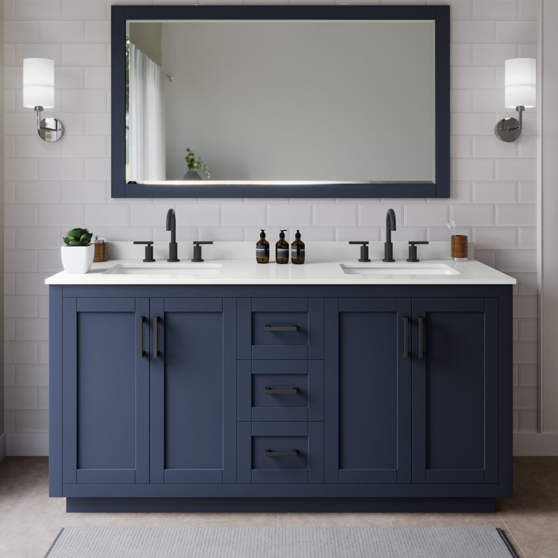 Meuble-lavabo double autoportant de 66 po avec plateau en quartz Miranda, Quartz blanc, Bleu très foncé, Noir mat