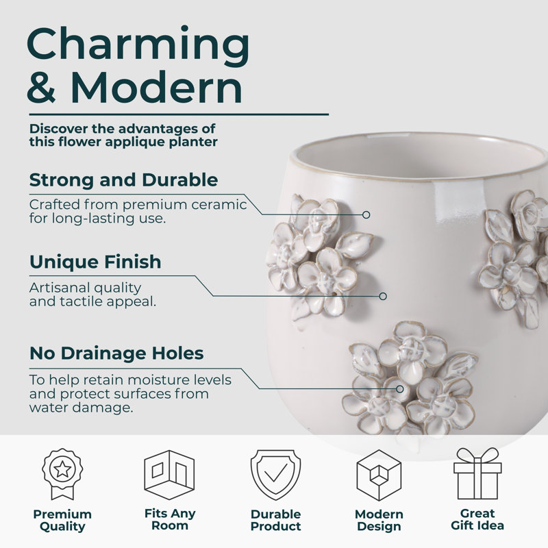 Modern Embossed Ceramic Floral Round Outdoor Planter for Garden Patio - Sleek Home Indoor Flower Pot for Living Room Decor Accent - Ivory