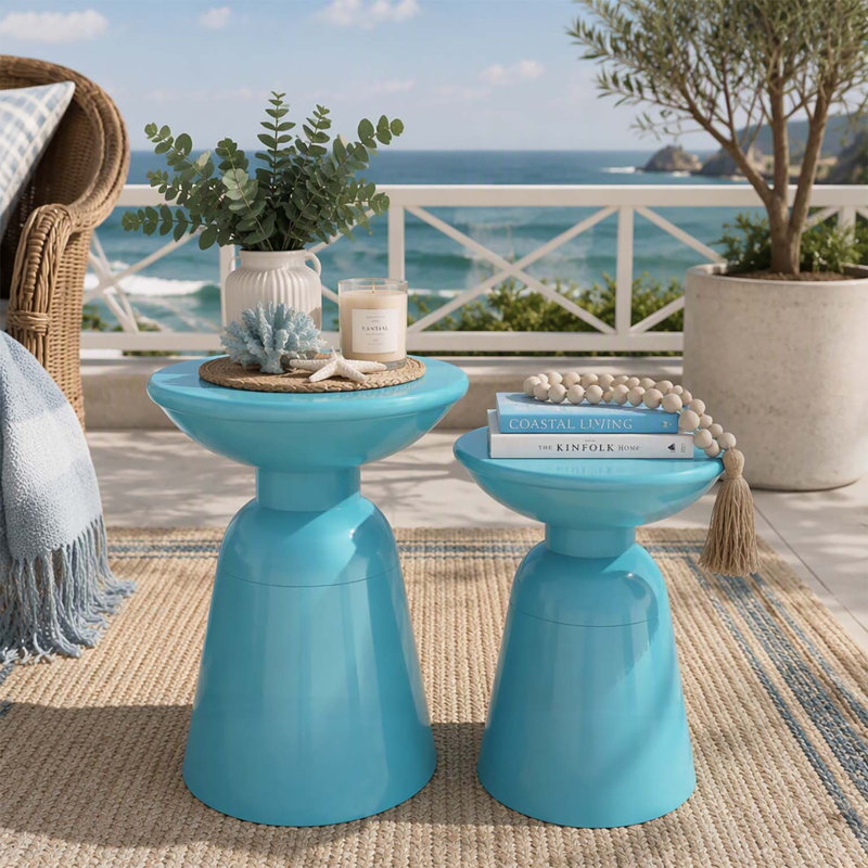 Tables d'appoint d'extérieur en fer forgé, au design évasé, ensemble de 2, sarcelle, résistantes et élégantes pour les espaces modernes
