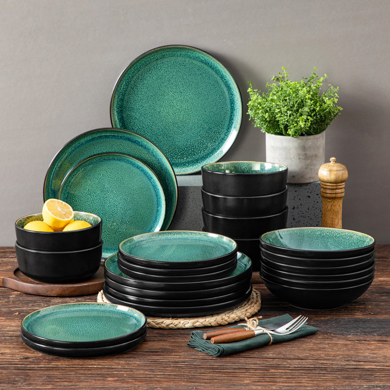 Service de vaisselle 24 pièces PLA, service pour 6 PLA, Vert / noir