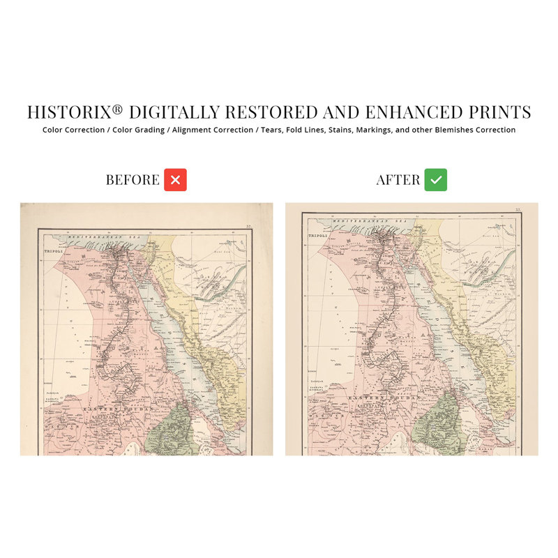 1885 Égypte, affiche de carte sur papier, H 24 po x l 18 po