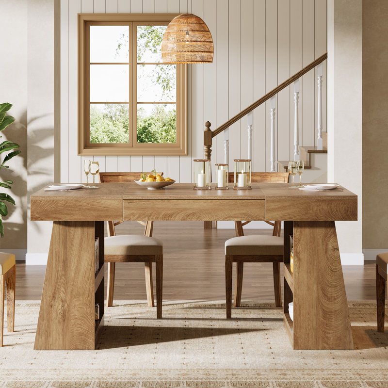 55" Farmhouse Dining Table With Storage Drawer And Shelves, Rectangle Kitchen Table For 4-6 People