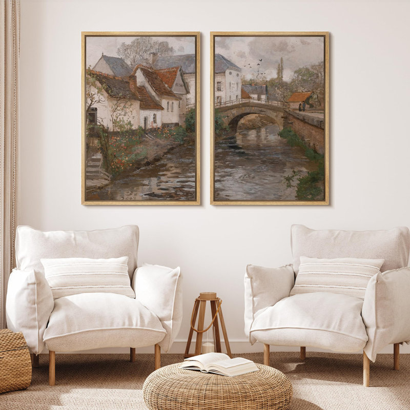 «Rustic European Village By The River Vintage Countryside Nature Wilderness Illustration Decor», 2 pièces sur toile