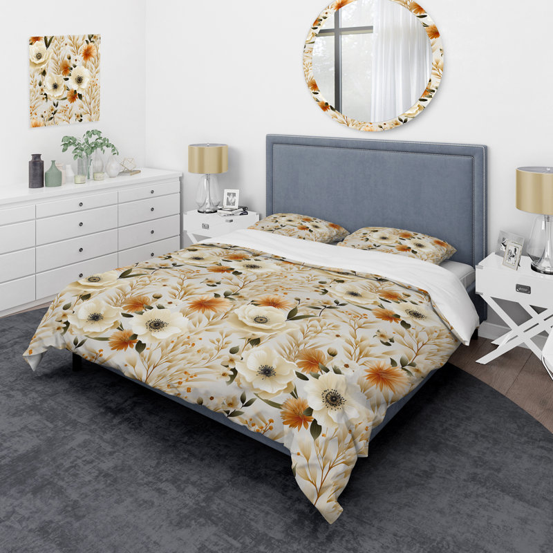 Literie à motif floral Buttercup II aux tons neutres, Housse de couette pour très grand lit et 2 très