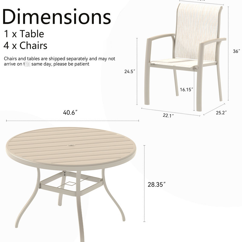 Mobilier de patio 5 pièces, 4 chaises de salle à manger empilables et une table ronde d'extérieur en métal de 40,6 po, 4 places assises, parfaites pour recevoir, avec trou de parasol de 1,57 po à 1,9 po, conception ergonomique, couleurs polies à la main
