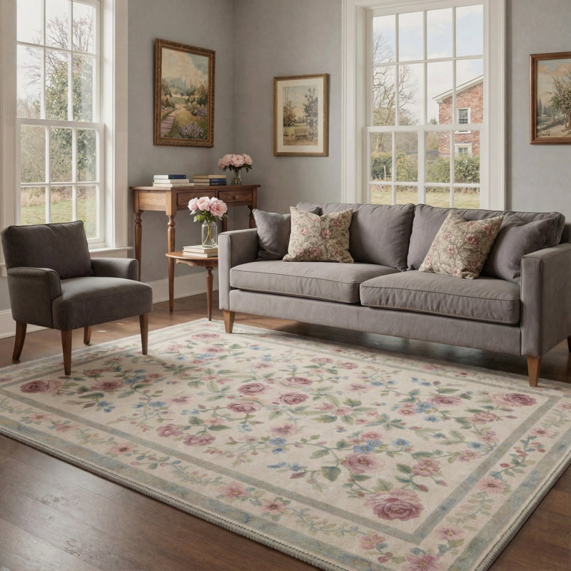 Abbey Floral Machine Washable Pink / Beige / Green Indoor Area Rug with Non-Slip Backing, Rectangle 5' x 7'