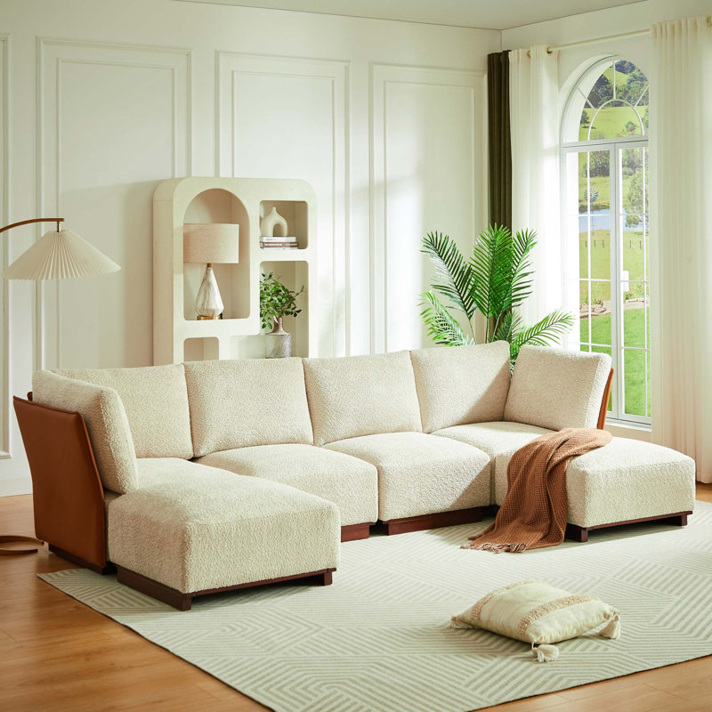 Canapé d'angle modulaire en forme de U en tissu bouclé avec pouf, H 32 po x l 122 po x P 61 po, Symmetrical