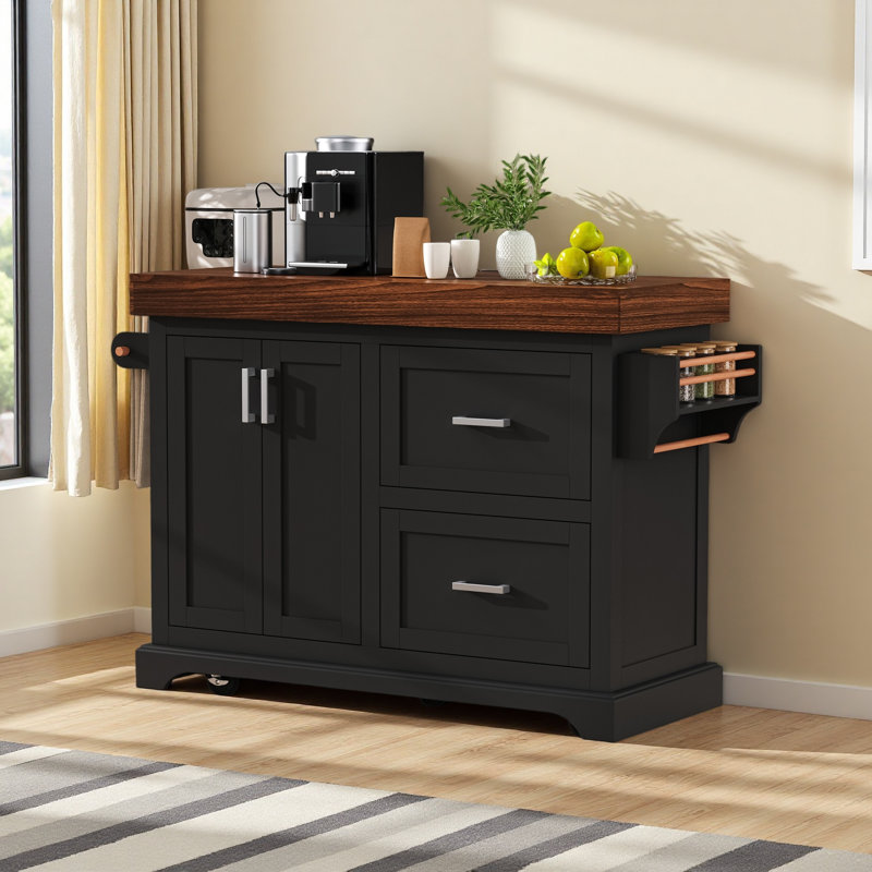 53" Large Kitchen Island With 3.5" Thick Desktop, Spice And Towel Racks, Rolling Kitchen Island With Storage On 5 Wheels