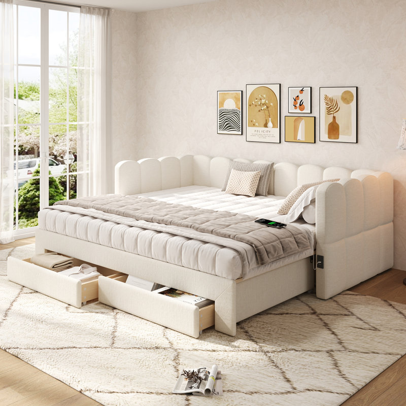 Metal Daybed with Trundle, Beige