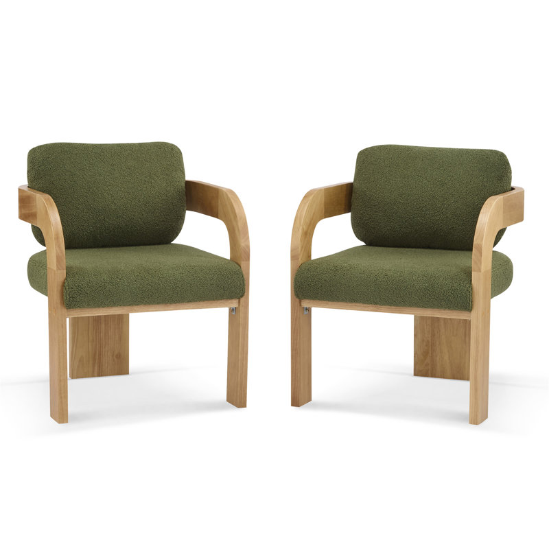 Ensemble de 2 chaises de salle à manger avec dossier coussiné, tissu bouclé vert, structure en bois massif de couleur naturelle