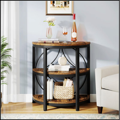Table de bout en demi-lune 23,62 po à 3 niveaux avec tablettes de rangement, demi-cercle peu encombrant pour le salon et la chambre à coucher