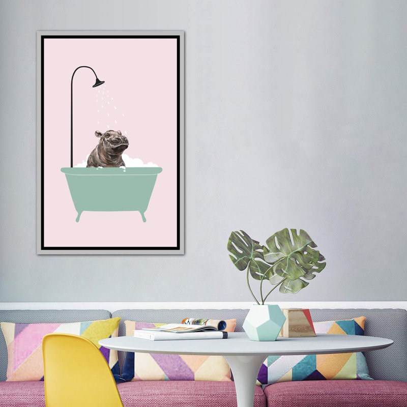 Hippopotame dans une baignoire, art encadré, H 60 po x l 40po x P 1,5 po, Toile avec cadre argenté