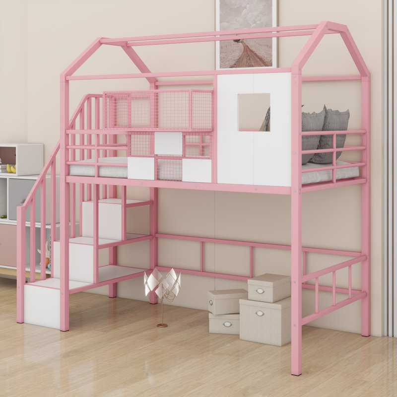 Lit mezzanine en métal avec toit et boîte de rangement, Rose/Blanc