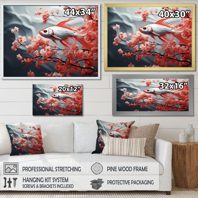 " Red And Grey Kois Fish Swimming With Serenity II ", 34" H x 44" W x 1.5" D, Gold Single Picture Framed