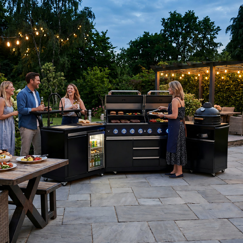 BroilChef® Yosemite Outdoor Kitchen | 7 Burner-Gas Modular Kitchen Set   #304  Stainless Steel Outdoor Kitchen, The Gas Grill+ Griddle + Ceramic Kamado Grill Modular Suite 