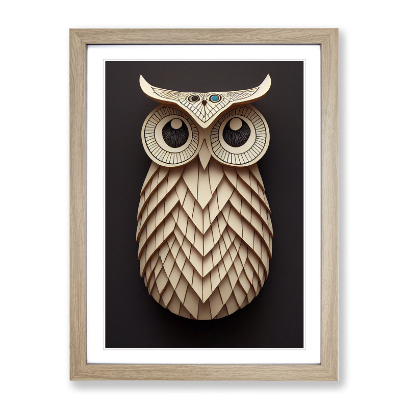 Paper Owl - Wall Art, 36cm H x 27cm W, Oak Framed, Black/Grey/Peach
