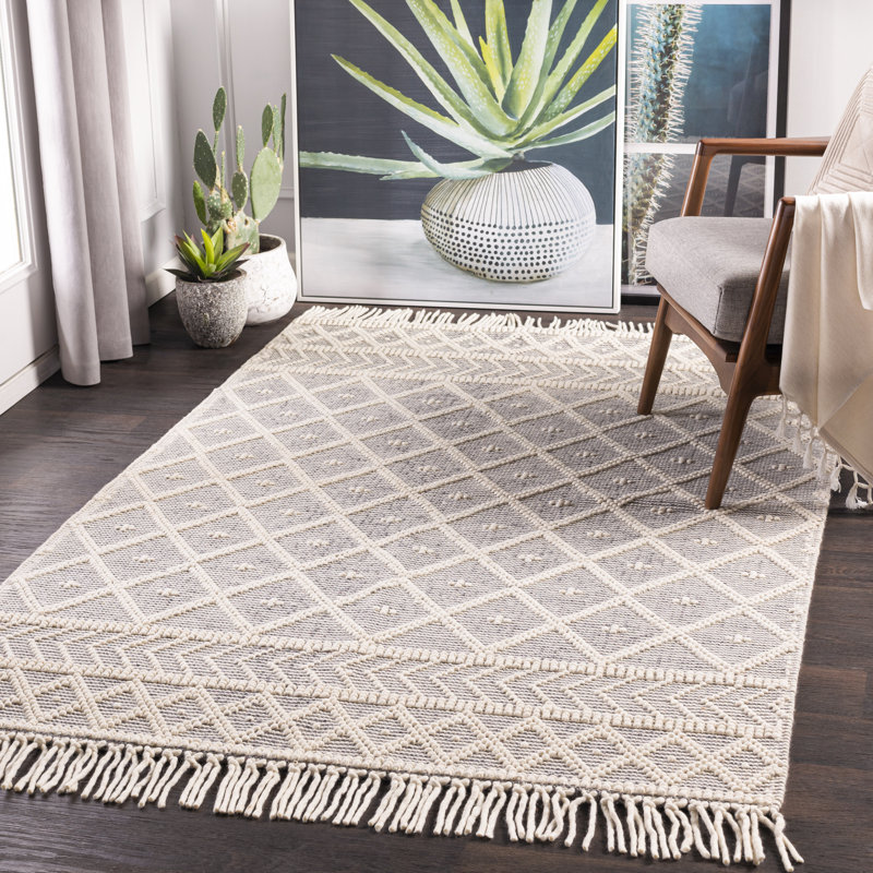Tapis ivoire / gris anthracite en laine tissé à la main Loria, Rectangle 8 pi 10 po x 12 pi