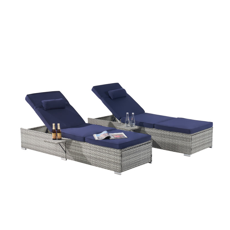 Outdoor Rattan Lounge Chairs with Adjustable Backrest （Set of 2）, Navy