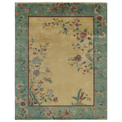 Rug & Kilim’S Chinese Style Art Deco Rug In Gold & Green With Multicolor Florals
