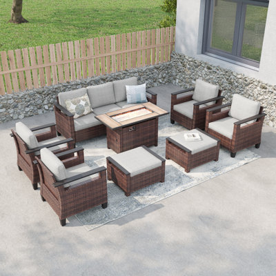 8 Pieces Patio Set with 45'' Fire Pit Table, PE  Rattan Patio Sofa Set With Ottomans and Sturdy Frame