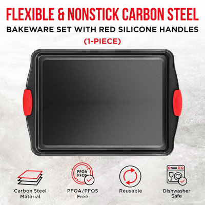 Plaque de cuisson antiadhésive pour plaque de cuisson en acier au carbone avec poignées en silicone rouges - Grande plaque de cuisson avec revêtement gris à l'intérieur et à l'extérieur