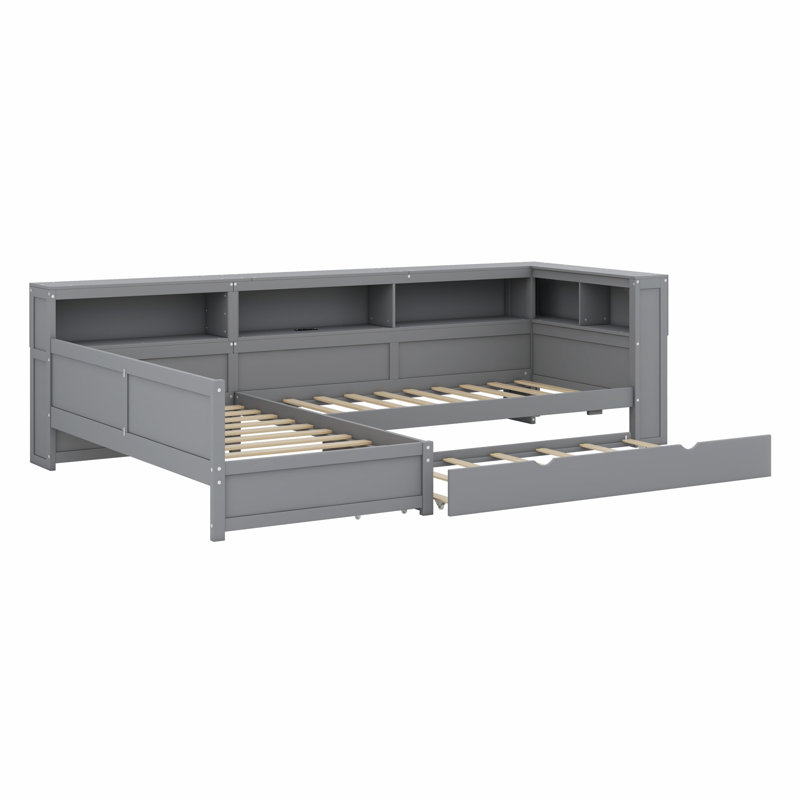 Lit plateforme en bois en L avec lit gigogne et tiroir, Gris