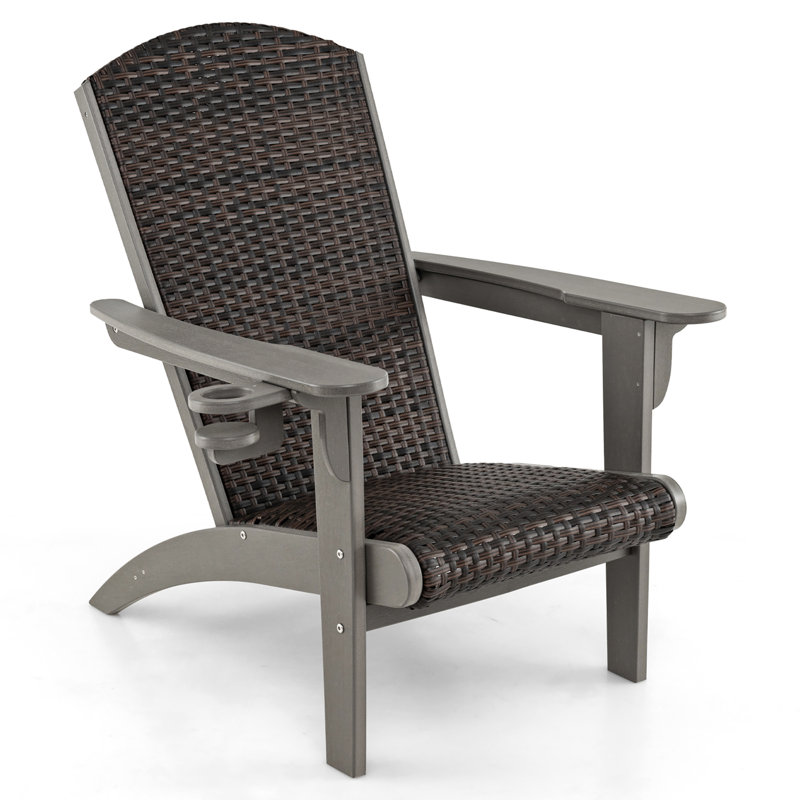 Set of 2 Adirondack Chair w/ Rattan Padded Seat & Back Wide Hidden Cupholder Patio, Gray