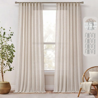 96 Inches Long Natural Linen Curtains 2 Panels, Pinch Pleated Hooks Thick Linen Textured Window Drapes For Bedroom Living Room Back Tab Semi Sheer Light Filtering Neutral Farmhouse Cream Ivory