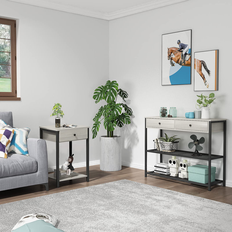 Jonnathan End Table with Storage, Black, Light Gray