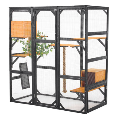 Grand enclos extérieur pour chat avec portes doubles, parc à chat à plusieurs niveaux et maison avec 2 condos, poteau à griffes et plateformes d'escalade pour la cour ou le balcon