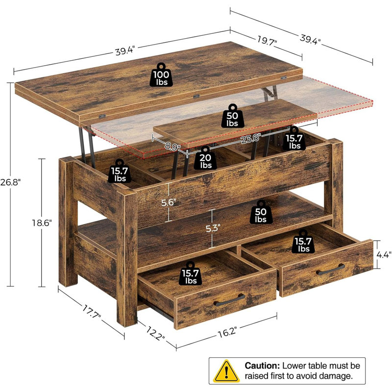 Table basse à plateau relevable avec rangement, conception convertible multifonctionnelle se convertit en table de salle à manger ou en bureau, comprend des tiroirs et un compartiment caché pour le salon ou le bureau à domicile