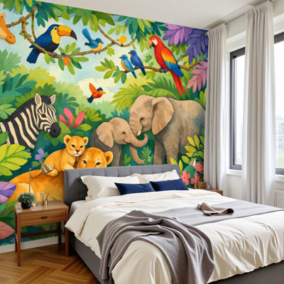 Peel and Stick Wallpaper Jungle Giraffe Elephant Zebra Lion Cubs Tropical Leaves Wall Murals 100"H x 144"W Removable PVC Wall Paper Self-Adhesive Wall Decor for Bedroom Living Room Home Office