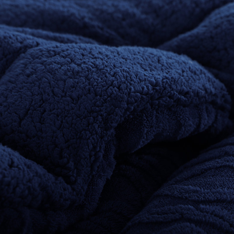 Sherpa Fleece Comforter, Reversible Flannel Blanket, 3D Jacquard Design, Full Comforter, Navy