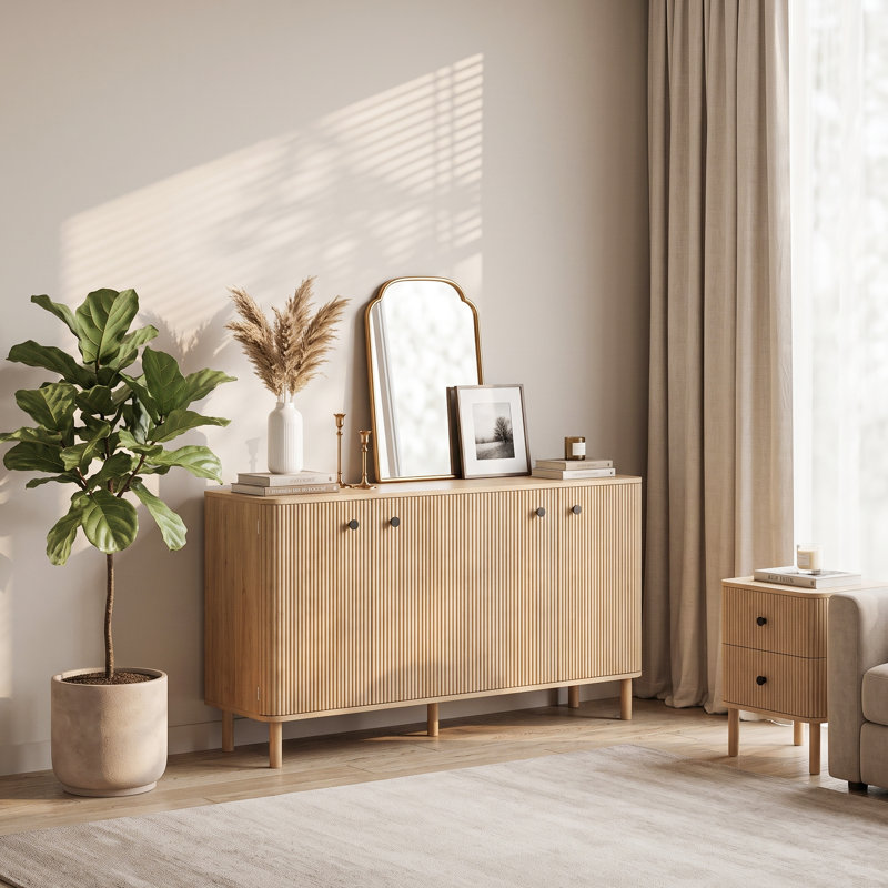 Buffet Seyla 55 po avec pieds en bois massif, 4 tablettes réglables et 4 portes cintrées et cannelées, beige, Chêne