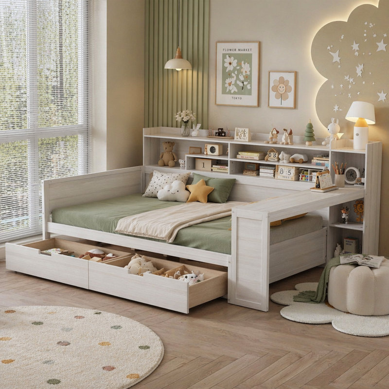 Lit de jour double en bois avec tablettes de rangement, lit multifonctionnel avec deux tiroirs de rangement et bureau d'étude, gris (ANCIEN SKU: N733S241486E)