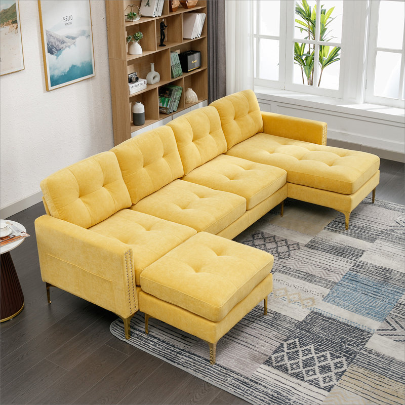 110" L-Shape Convertible Sectional Sofa Couch With Movable Ottoman For Living Room, Yellow Velvet
