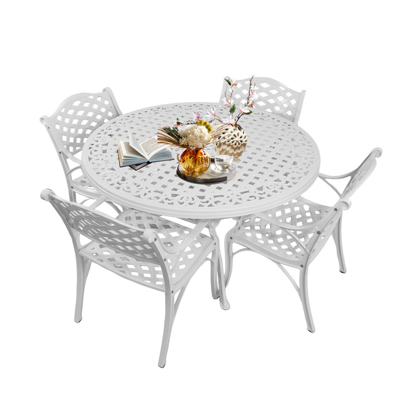 5 Piece Modern Outdoor Dining Set, Cast Aluminum Patio Table And Chairs, 48" Round Table With Umbrella Hole, White, White