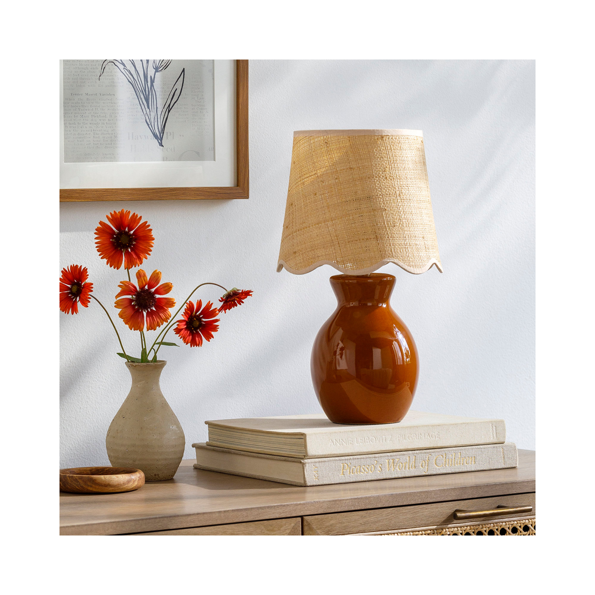 Momsen Scallop Shade Lamp, Brown, 15"" H x 8"" W x 8"" D, Natural