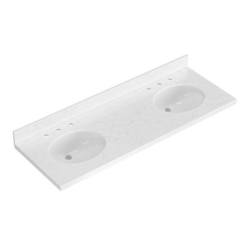 Comptoir de meuble-lavabo en quartz blanc Carrara de 60 po Ariel avec rebord à onglet de 1,5 po d'épaisseur avec double évier ovale et dosseret inclus