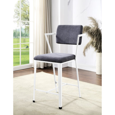 De 2 chaises à hauteur de comptoir grises et blanches - construction en fer, siège en tissu confortable, dossier haut pour une utilisation à long terme dans la salle à manger et chaise blanche 2, coussin en métal ferme, ergonomique