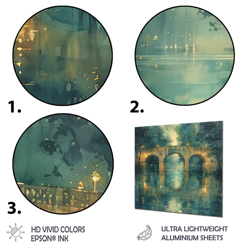 «Beige Green River Reflections Park Bridge II», reproduction d'art mural, H 30 po x l 30 po x P 1 po, Métal métal