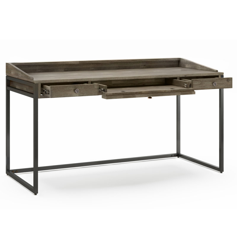 Bureau d'écriture industriel moderne en bois d'acacia massif et en métal de 60 po avec 2 tiroirs et plateau à clavier rabattable Ralston