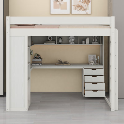 Multi Storage Loft Bed with L Shaped Desk, Smart APP Control LED Light Strip 4 Drawers and Open Shelves