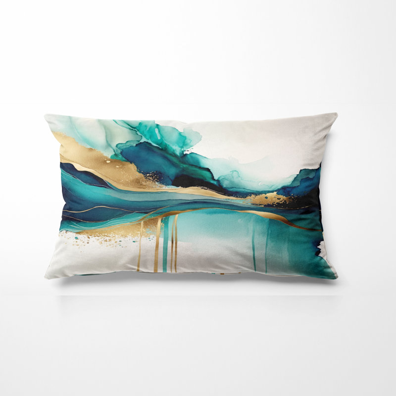 Coussin décoratif avec motif abstrait turquoise et or II - Coussin imprimé à l'encre liquide abstraite, 12"H x 20"W