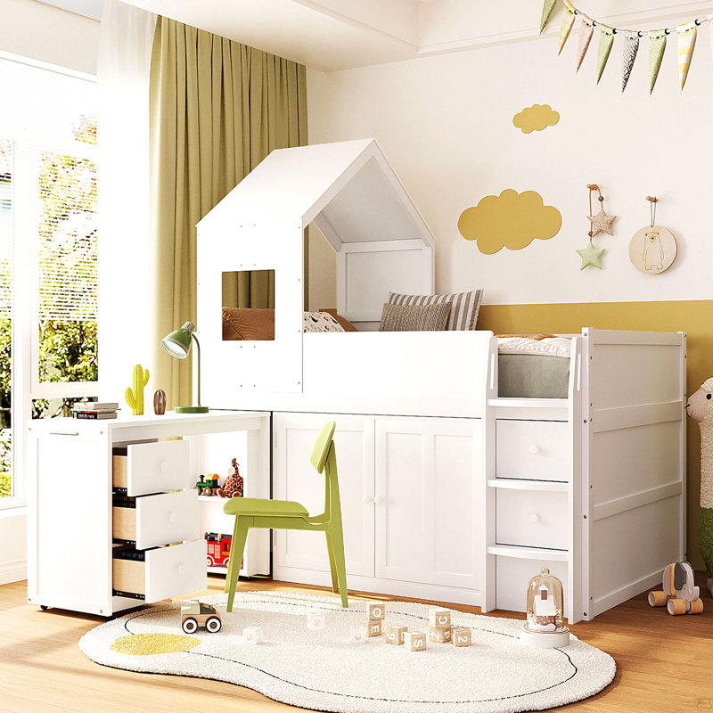 Lit mezzanine simple en bois avec bureau, tiroirs, armoires