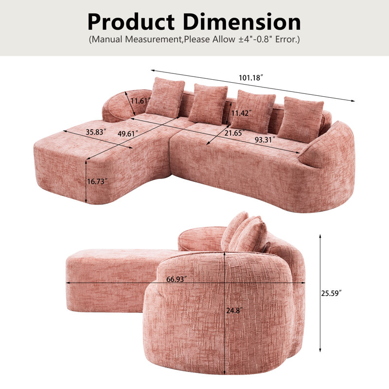 Canapé modulaire en L avec accoudoirs courbés Modern Chenille, Chenille rose