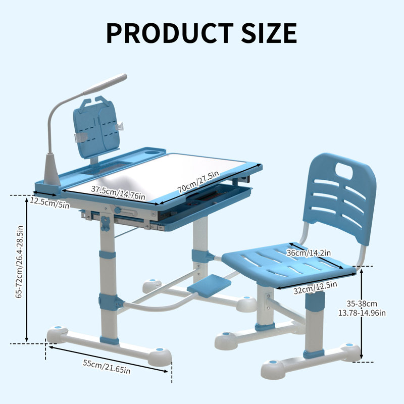  Desk And Chair Set For Kids Height Adjustable Drawing Desk Functional Study Table With 55° Tilt Desktop, Writing Board, Pen Slot, 3 Mode Led Light, Storage Drawer, Hook, Book Stand (blue)