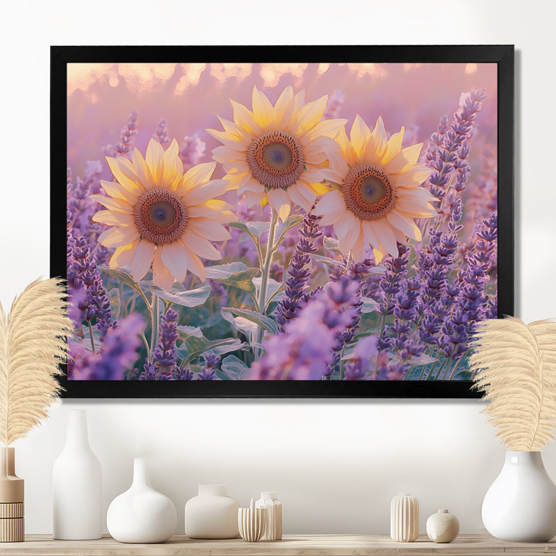 Tournesols Craney dans un champ de lavande au coucher du soleil - Tournesols, art mural, Noir, H 12 po x l 20 po